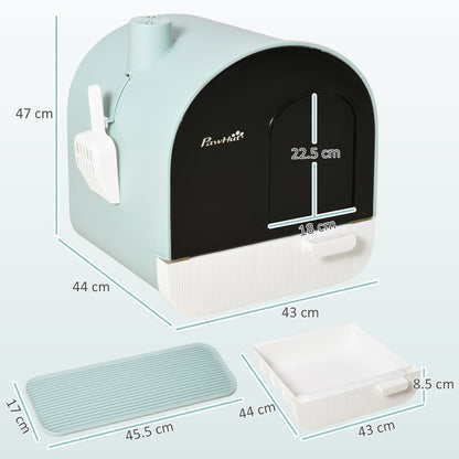 PawHut Hooded Cat Litter Box, Kitten Litter Tray, with Lid, Scoop, Filter, Flap Door