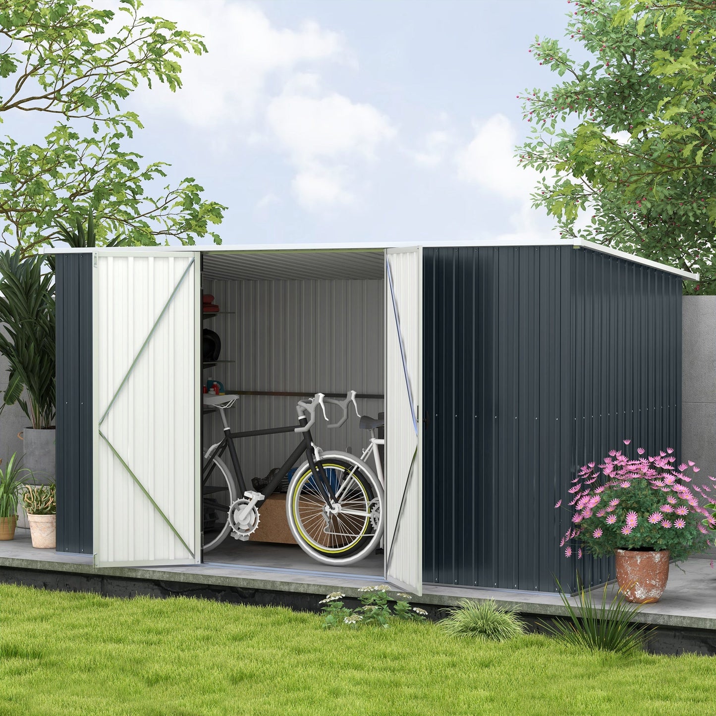 Outsunny 11 x 5.6ft Galvanised Steel Garden Shed, Metal Shed, Garden Storage Shed with Lockable Doors and Gloves for Outdoor Patio, Garden, Grey