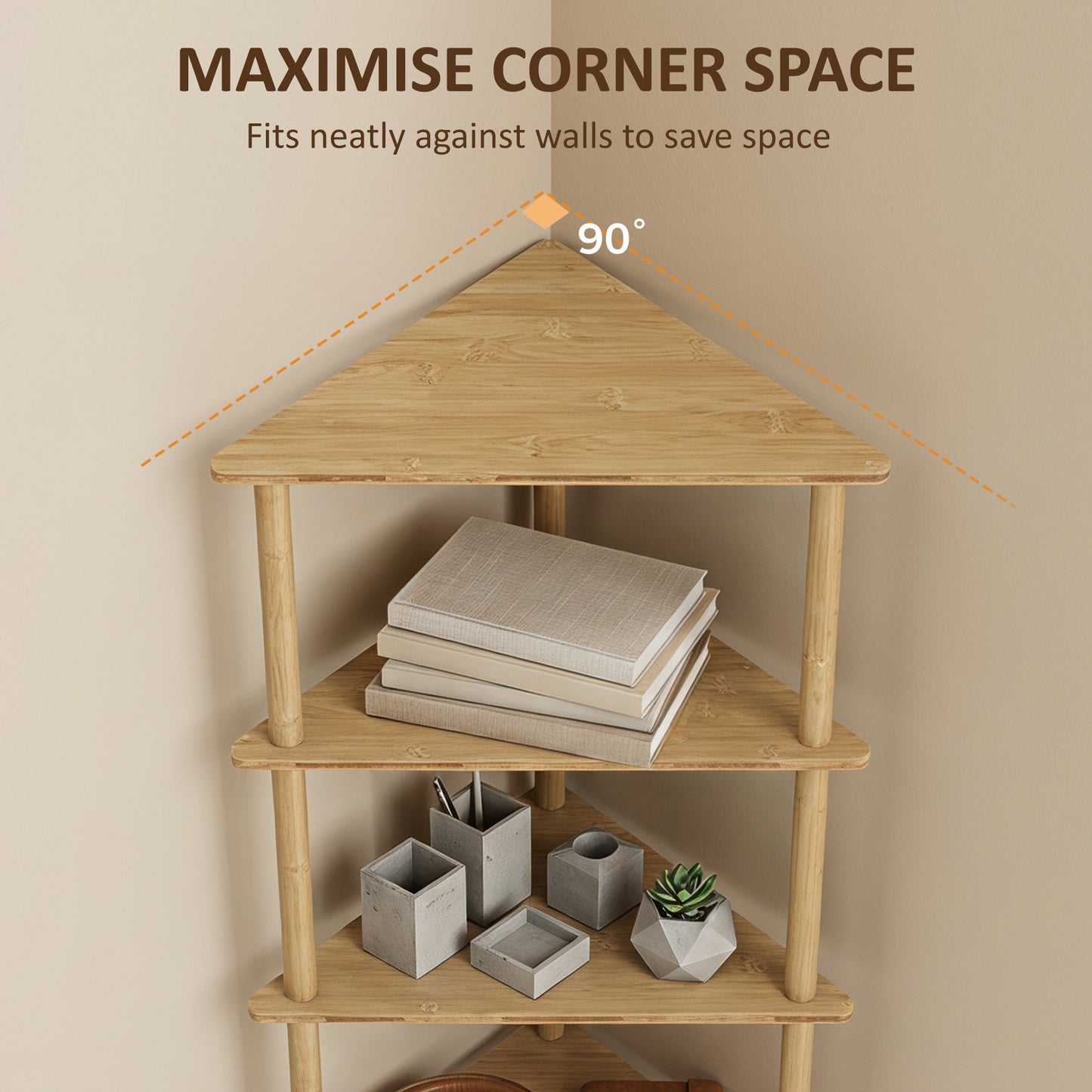 HOMCOM Bamboo Storage Shelf, 5-tier Corner Shelf, Freestanding Shelving Unit for Living Room, Home Office, Natural Wood Finish