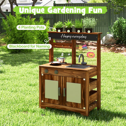 Mud Kitchen Fir Wood Play Kitchen with Planting Pots and Removable Sink-Brown