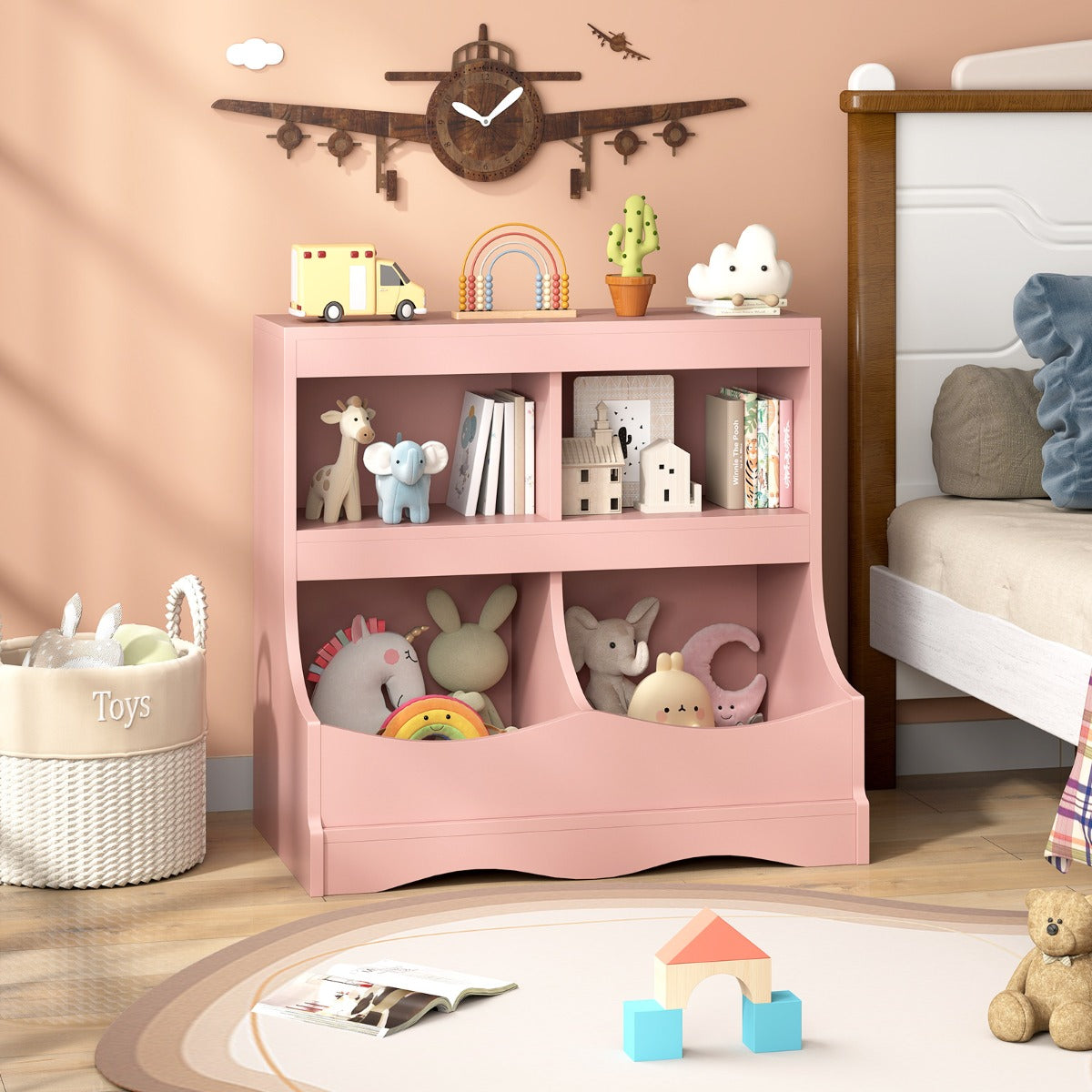 Multi-Bin Toy Storage Cabinet for Children's Room and Playroom-Pink
