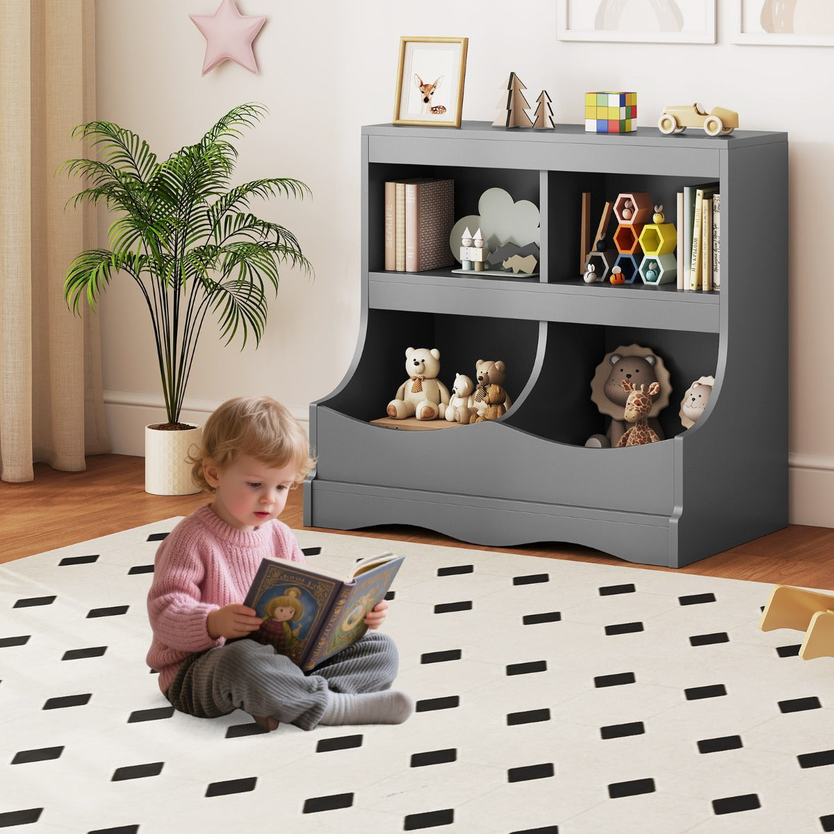Multi-Bin Toy Storage Cabinet for Children's Room and Playroom-Grey