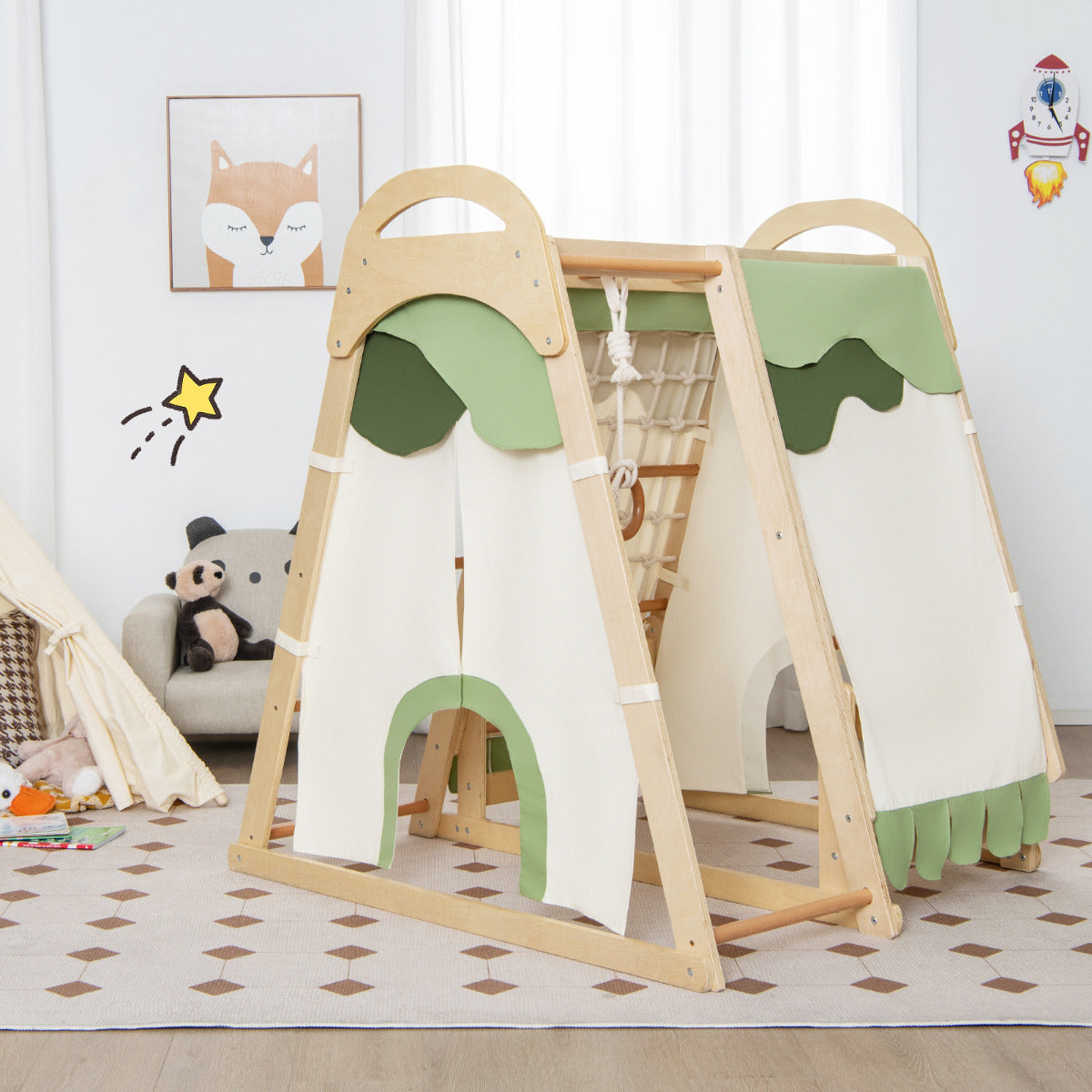 Multi-functional Kid's Climbing Toy with Slide and Climbing Net-Natural