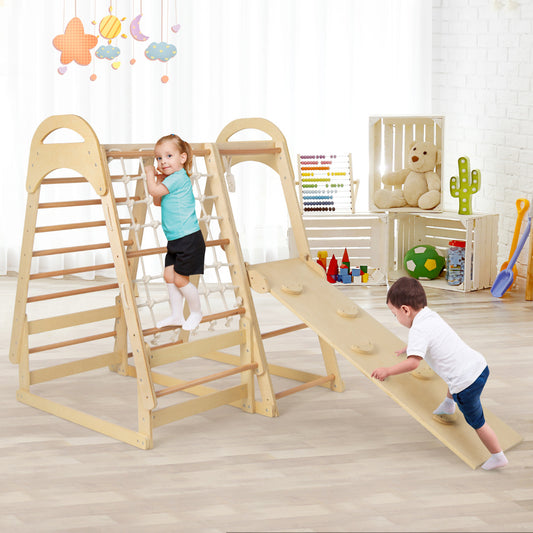 Multi-functional Kid's Climbing Toy with Slide and Climbing Net-Natural