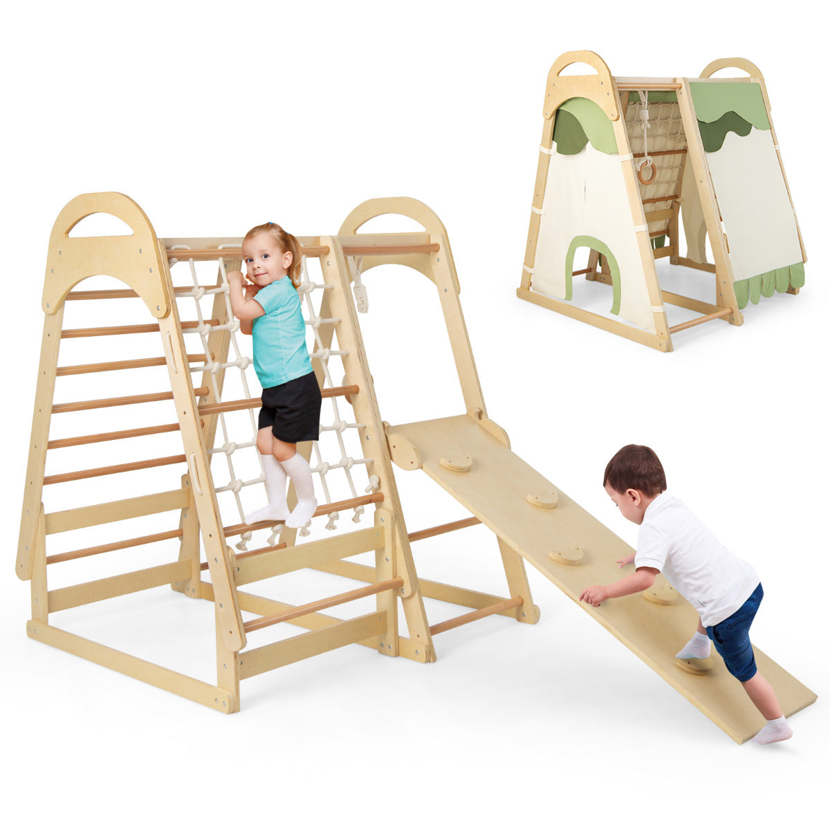 Multi-functional Kid's Climbing Toy with Slide and Climbing Net-Natural