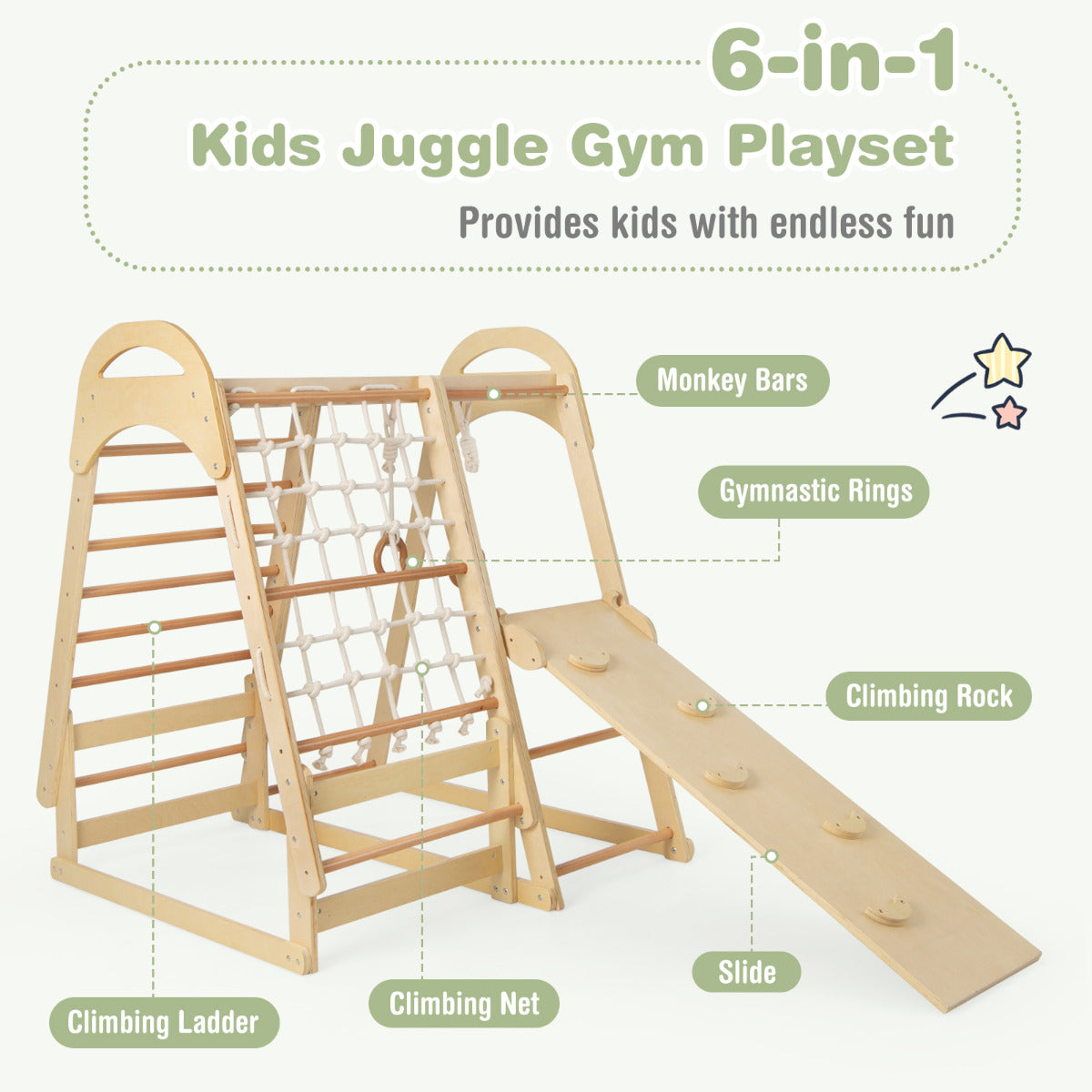 Multi-functional Kid's Climbing Toy with Slide and Climbing Net-Natural