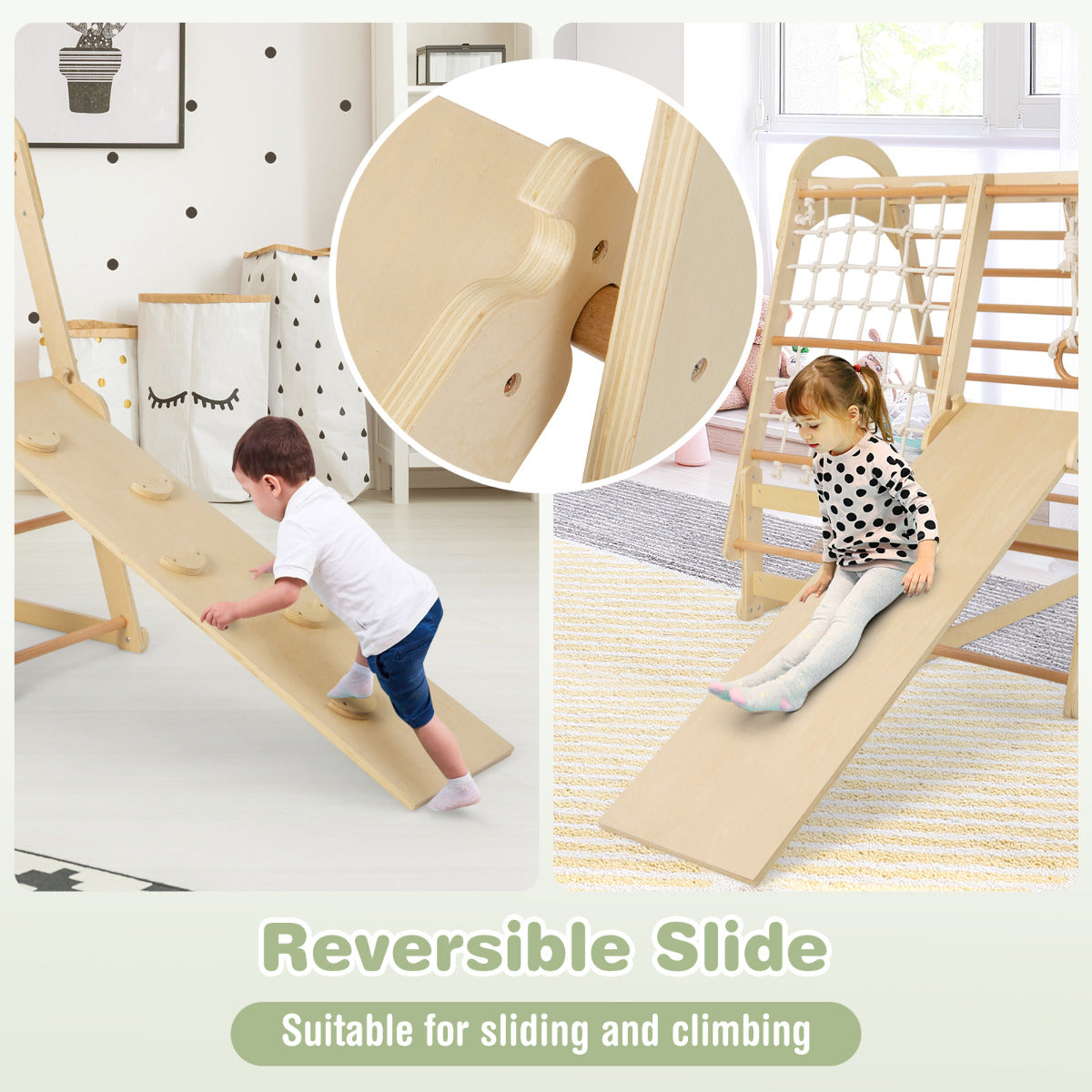 Multi-functional Kid's Climbing Toy with Slide and Climbing Net-Natural