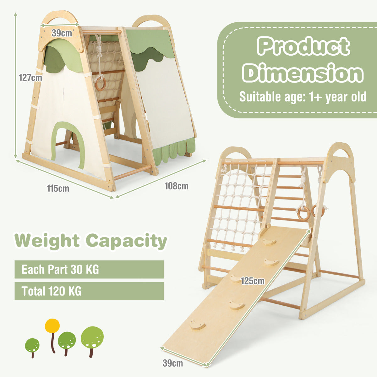 Multi-functional Kid's Climbing Toy with Slide and Climbing Net-Natural