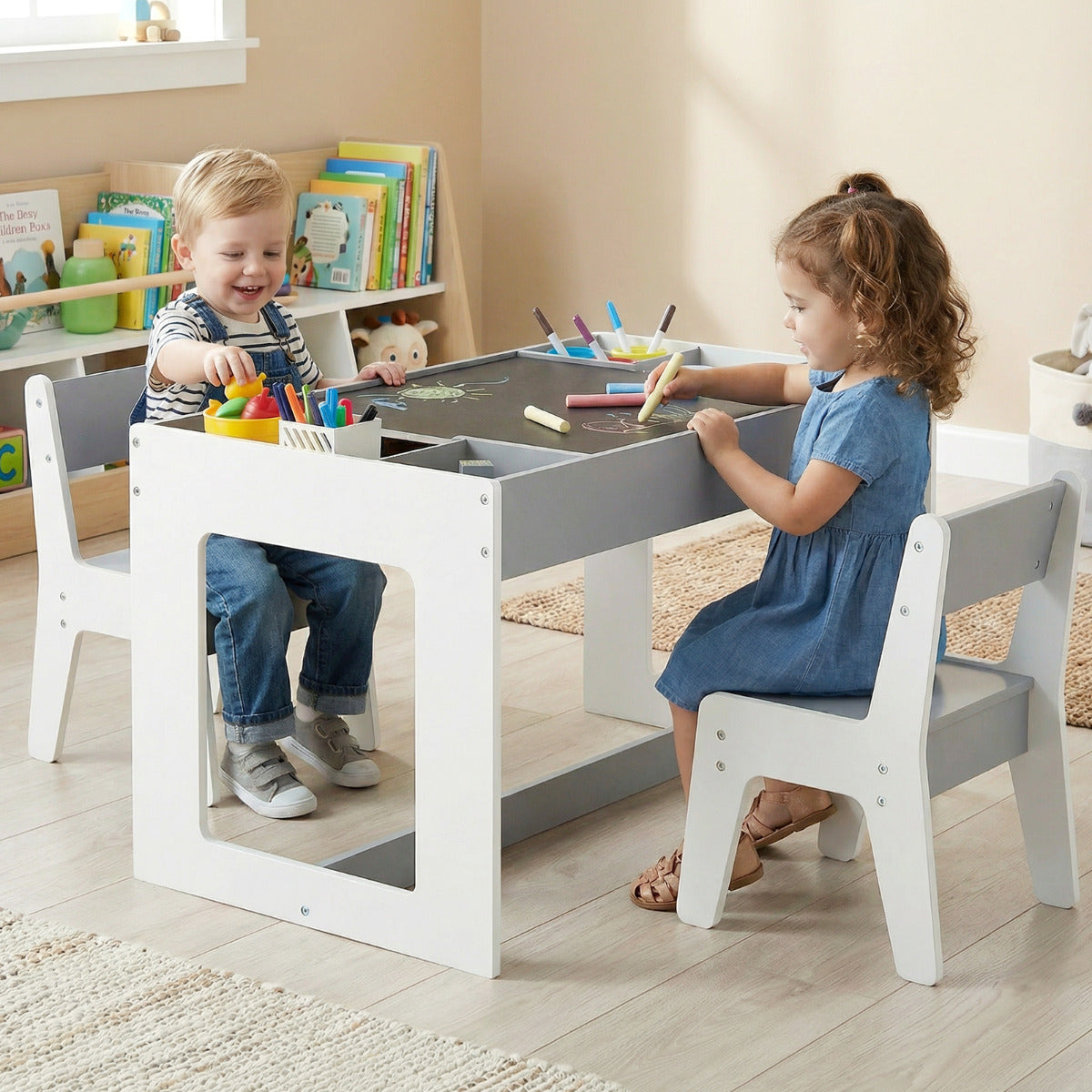 Multifunctional Kids Table and 2 Chairs Set with Whiteboard-Gray & White