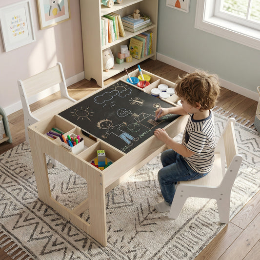 Multifunctional Kids Table and 2 Chairs Set with Whiteboard-Natural & White