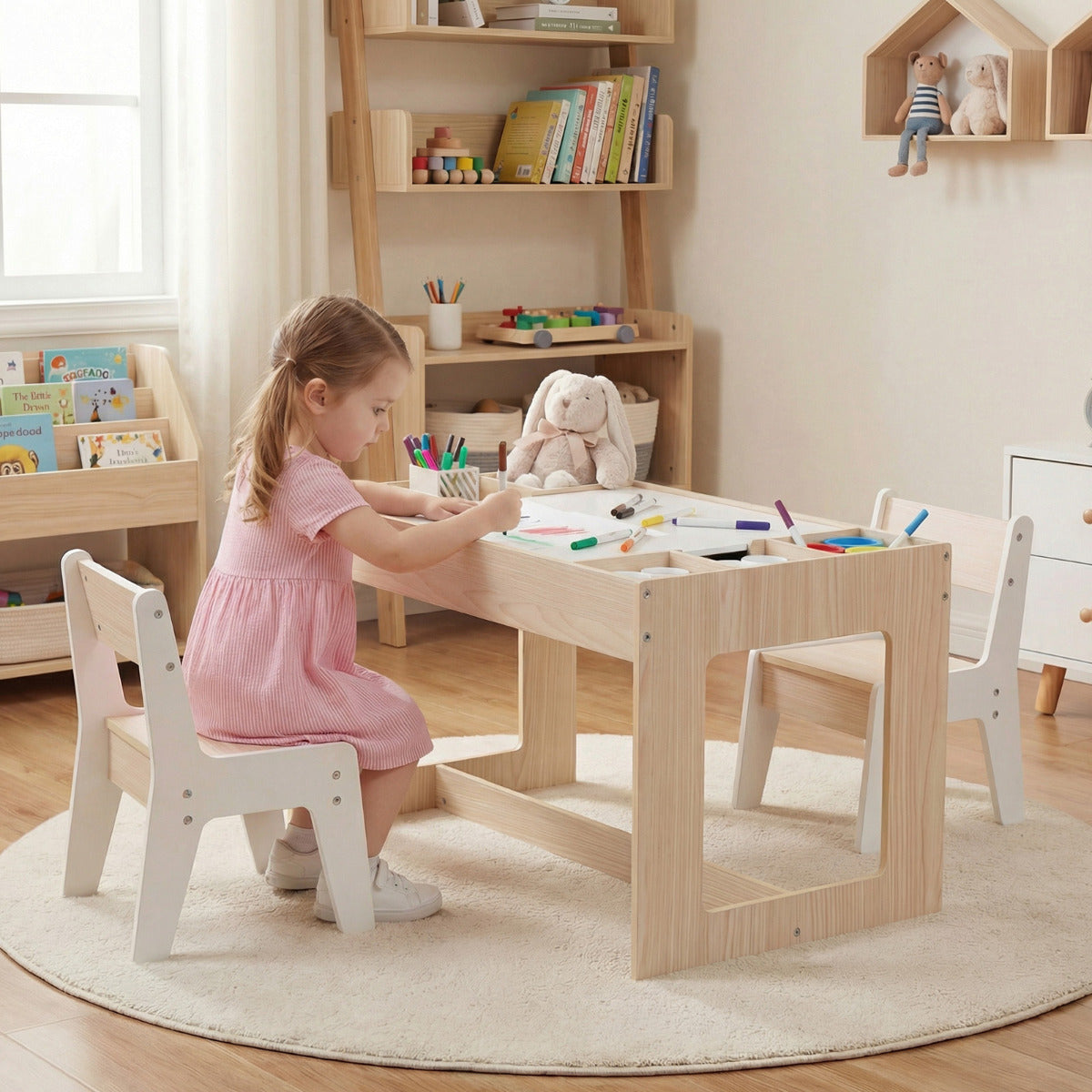 Multifunctional Kids Table and 2 Chairs Set with Whiteboard-Natural & White