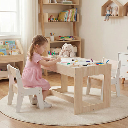 Multifunctional Kids Table and 2 Chairs Set with Whiteboard-Natural & White