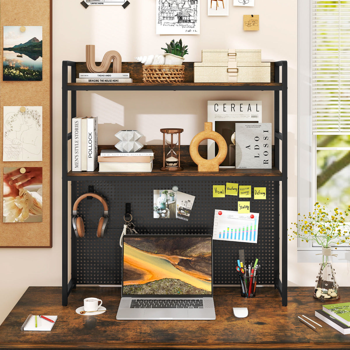 Multipurpose 2-Tier Desk Hutch with Pegboard for Home Office-Rustic Brown