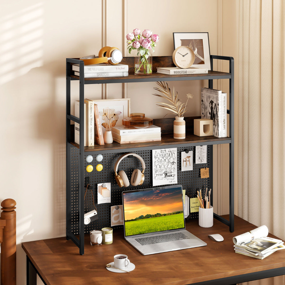 Multipurpose 2-Tier Desk Hutch with Pegboard for Home Office-Rustic Brown