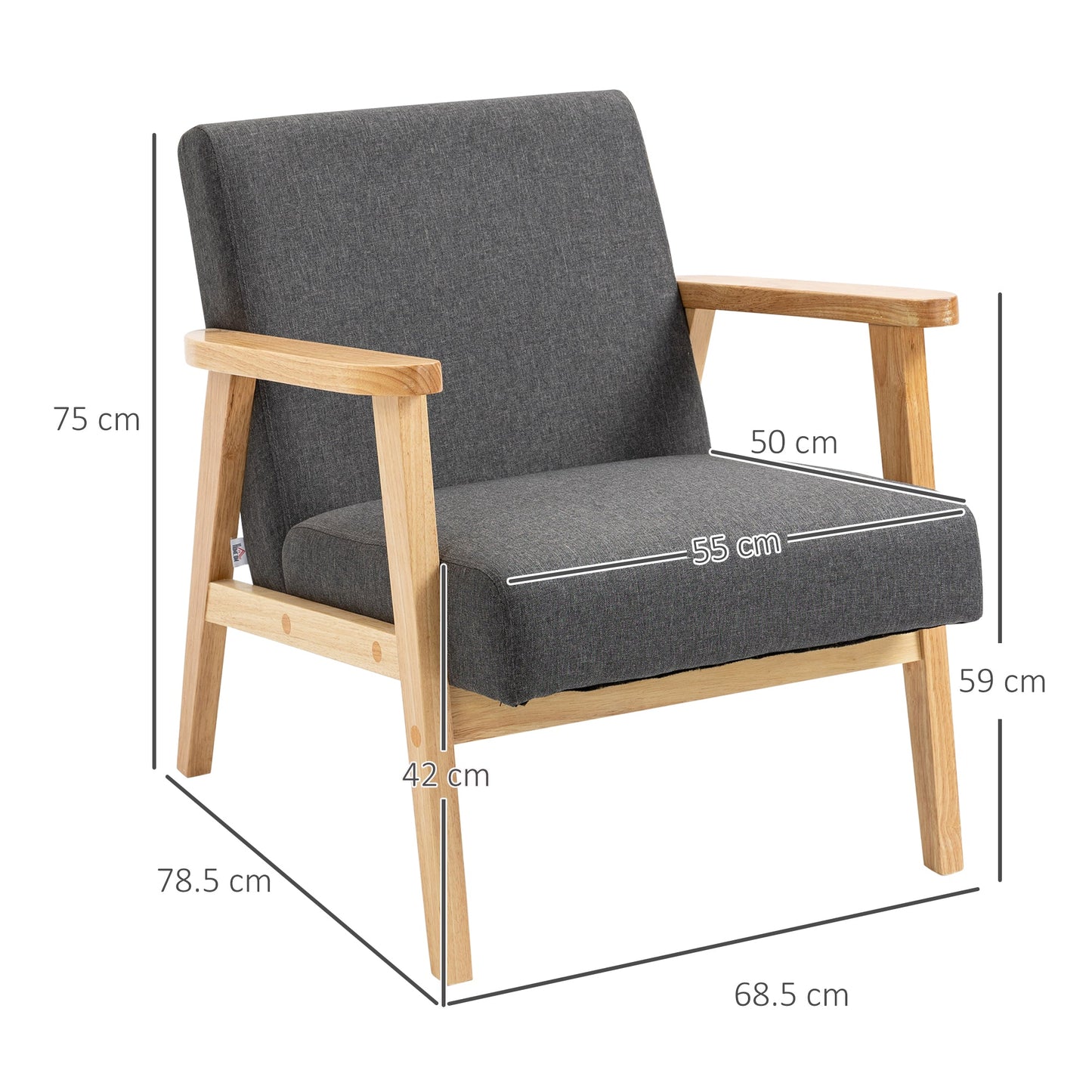 HOMCOM Set of 2 Accent Armchair, Living Room Chair, Wooden Upholstered Single Lounge Chair with Rubber Wood Legs and Padded Seat, Leisure Sofa Chair for Bedroom Office, Dark Grey