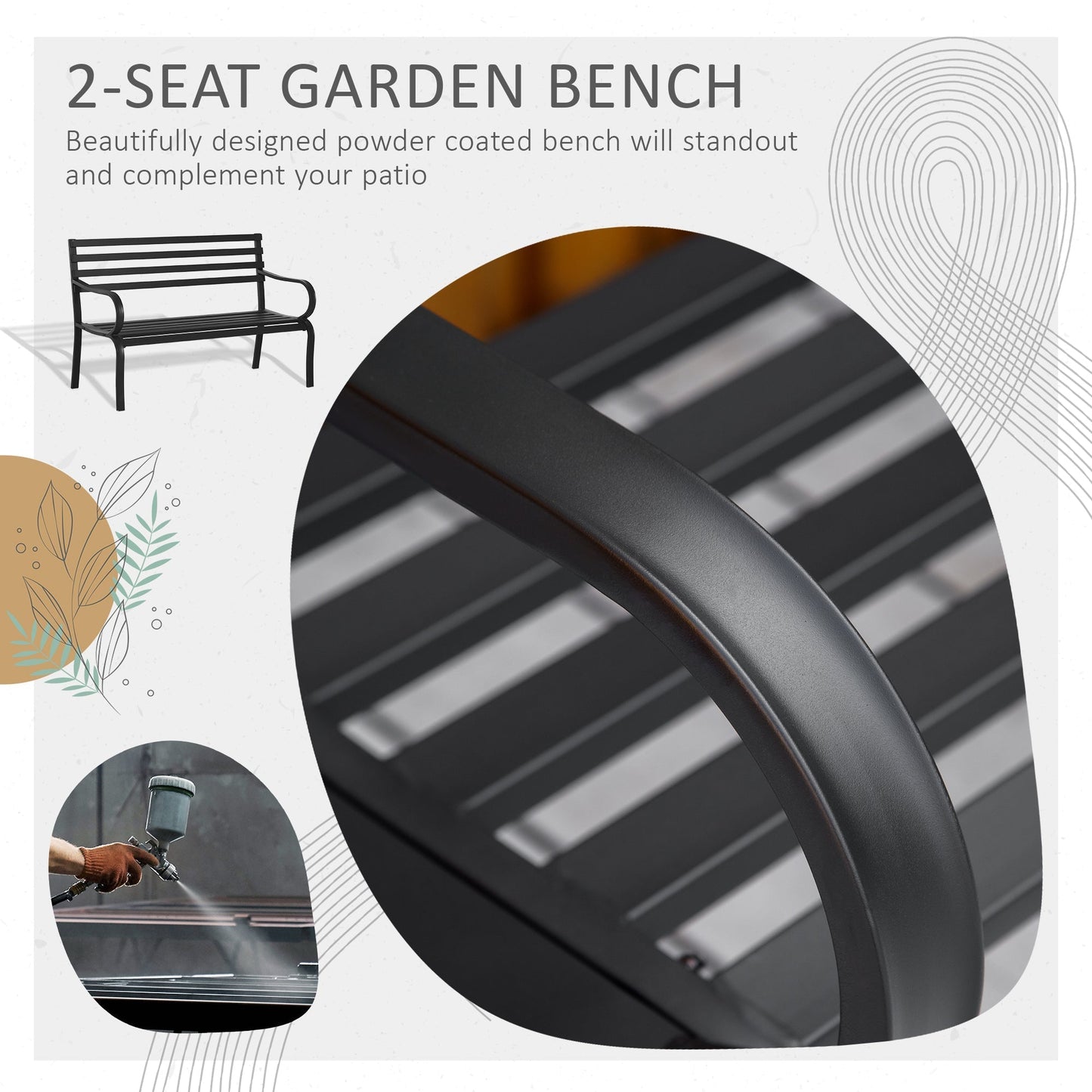 Outsunny Stylish 2 Seater Metal Garden Porch Chair Bench Stable Patio Outdoor Park Metal Bench - Black