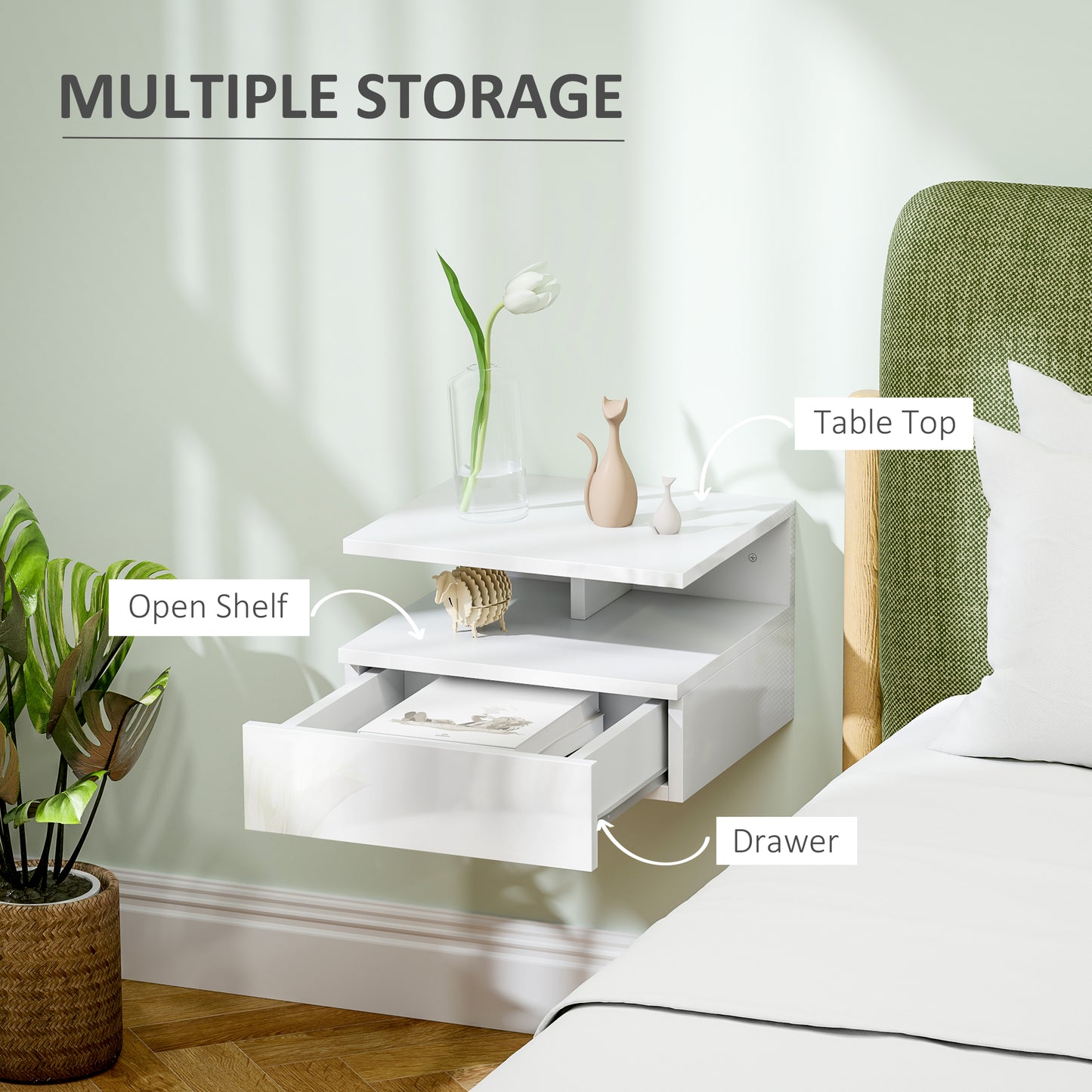 HOMCOM Floating High Gloss Bedside Table - High Gloss White