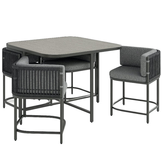 Outdoor furniture set with a table and four stools on a white background