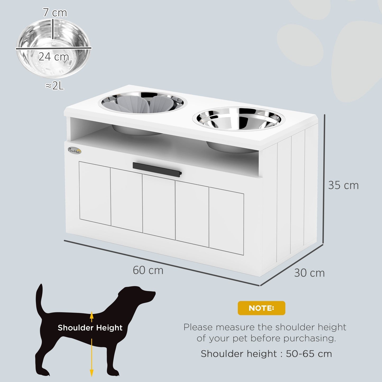 PawHut Raised Dog Bowl with Slow Feeder, Two Stainless Steel Dog Bowls, Drawer, for Large and Extra Large Dogs, White