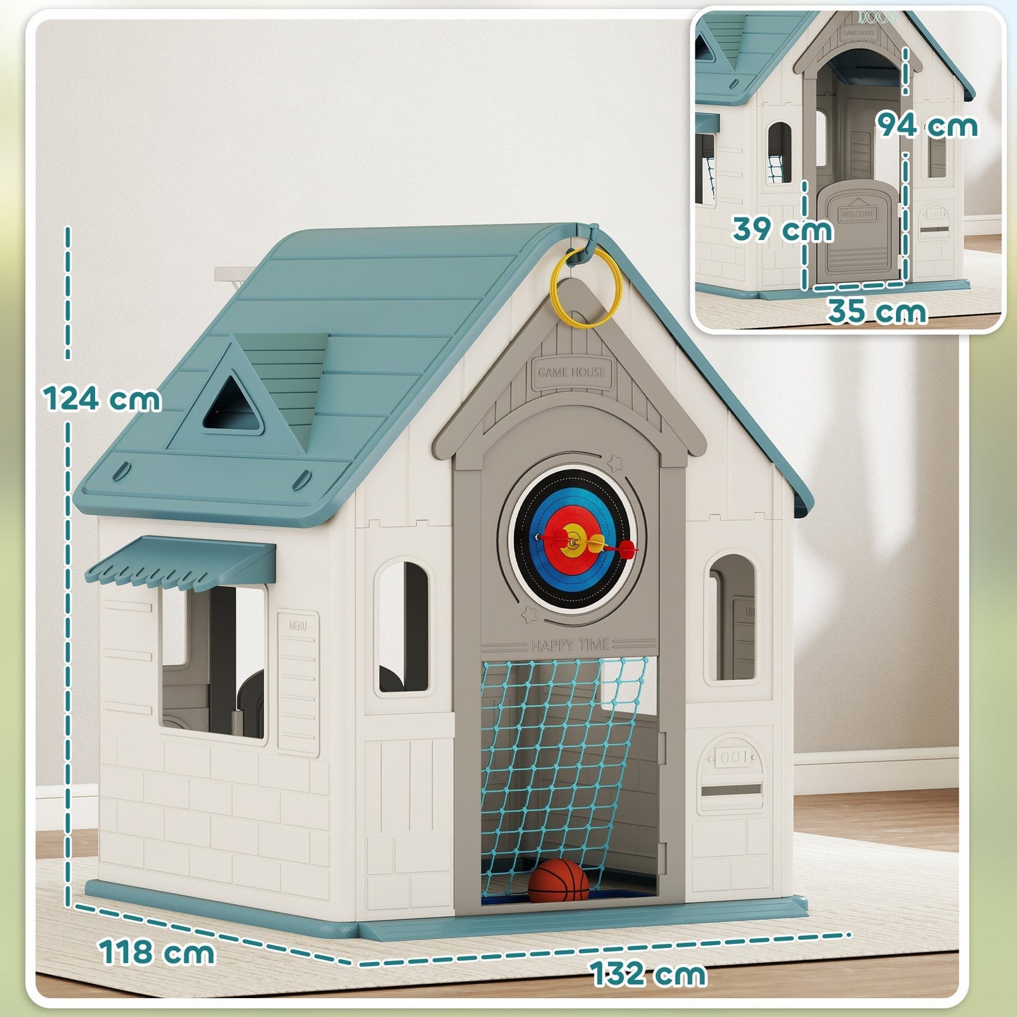 AIYAPLAY 5-in-1 Playhouse for Kids Outdoor Indoor with Basketball Hoop, Football Goal, Dartboard, Ring Toss for 2-5 Years, Beige