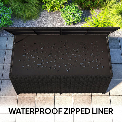 Outsunny 650L Garden Storage Box with 2 Wheels, Rattan Deck Box with Waterproof Zipped Liner, Safe Pneumatic Rods, Black