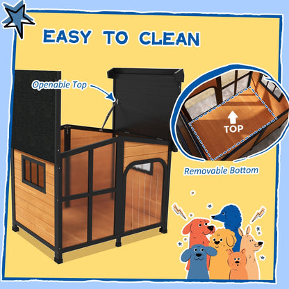 PawHut Wooden Dog Kennel with Removable Floor, Asphalt and Openable Roof, Large Window, for Large Dogs, Yellow