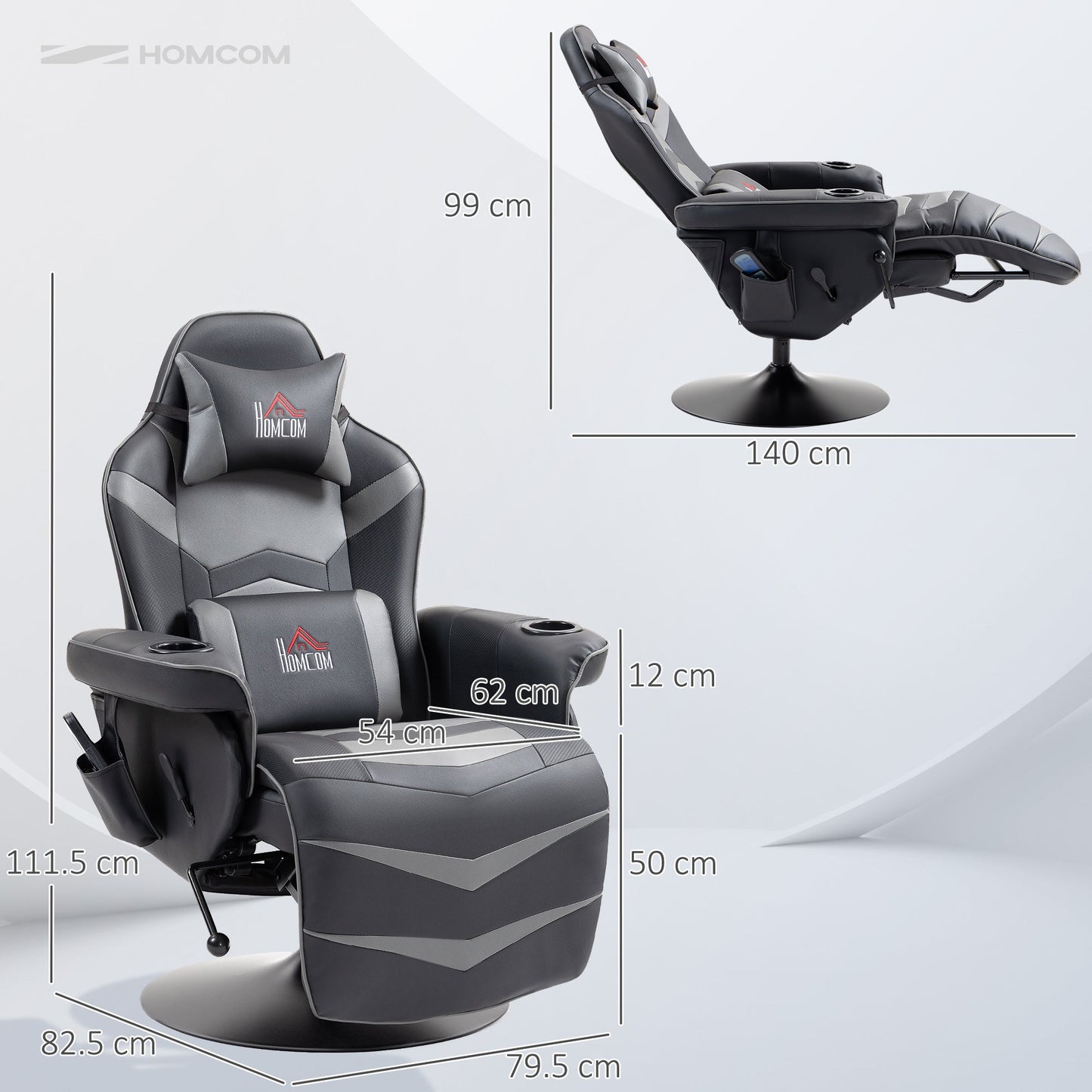 HOMCOM Small Leather Massage Recliner Chair with Ergonomic High Back Retractable Footrest Headrest Work Break Grey