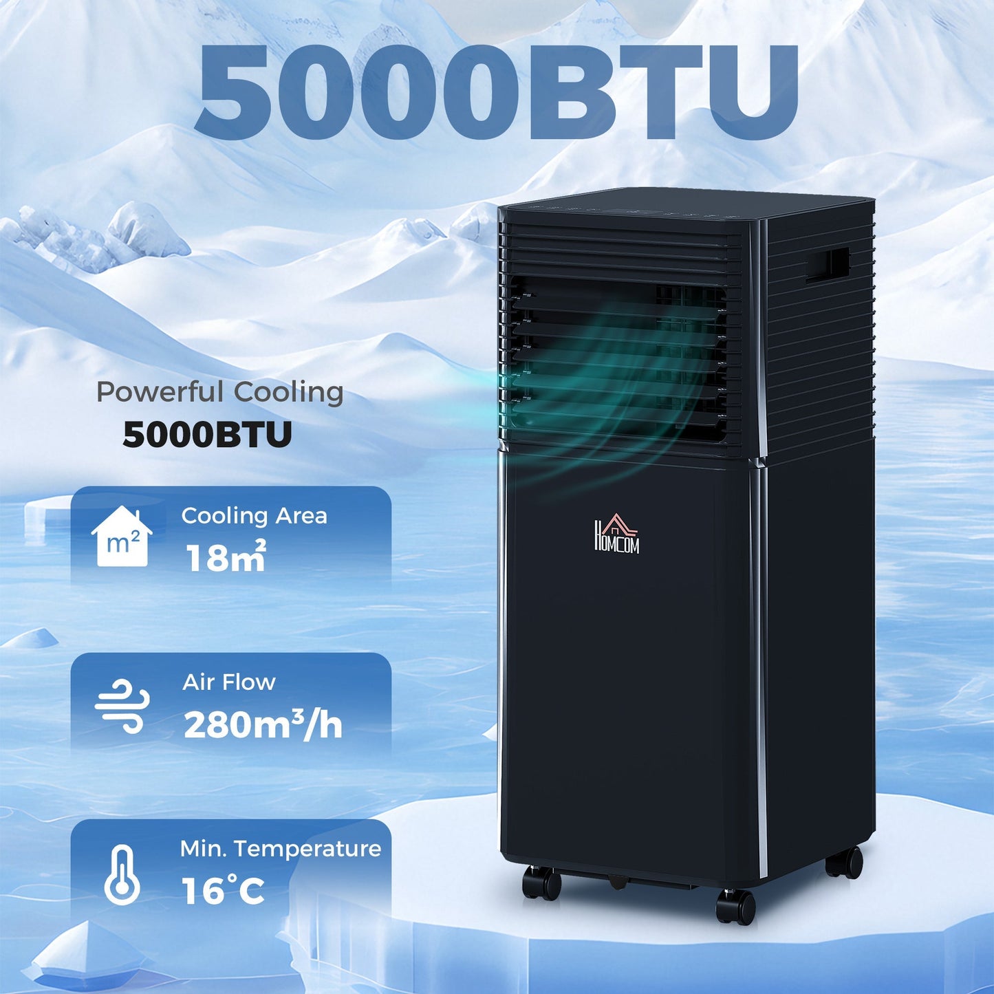 HOMCOM 5000 BTU 4-In-1 Portable Air Conditioner Unit Cooling Dehumidifying Ventilating for Room up to 18m2, with Fan, Remote, 24H Timer, Window Mount Kit, R290, A Energy Efficiency