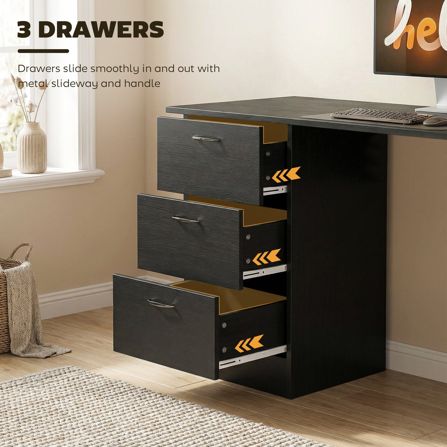 HOMCOM Computer Desk, Writing Table, PC Workstation with 3 Storage Shelves and Drawers, Handle, for Home Office, Black