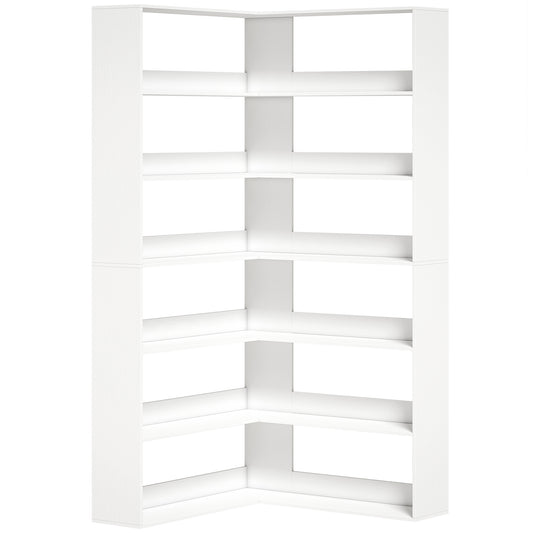 HOMCOM 7 Tiers Bookshelf, L-Shaped Corner Bookcase with Anti-Slip Rear Guard, White Wood Effect