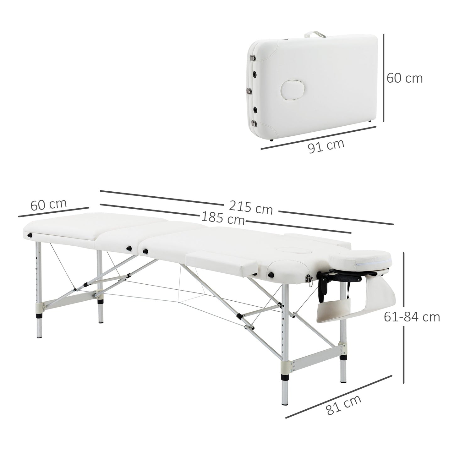 HOMCOM Foldable Massage Bed Portable Table, 3-Section Aluminium Foldable Beauty Couch, Professional Salon Spa Table with Headrest Support and Carry Bag, 81 cm Width, White