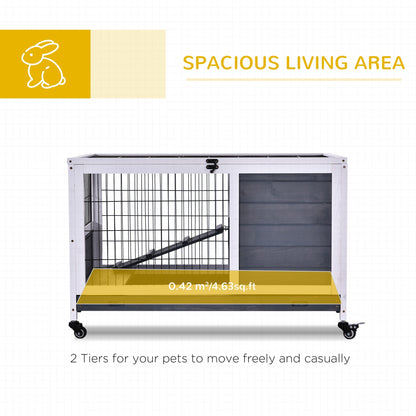 PawHut Wooden Guinea Pig Hutch, 2-Floor Bunny Cage w/ Enclosed Run Area, Grey