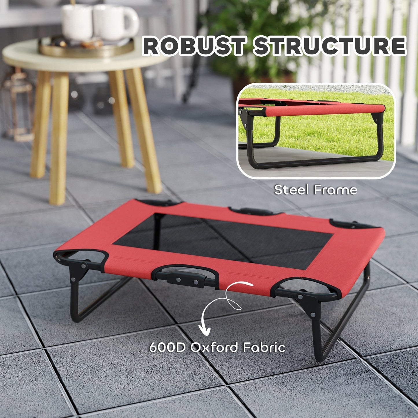 PawHut Portable Raised Dog Bed, Elevated Pet Cot with Breathable Mesh for Indoor Outdoor, for Small Medium Dogs, Red