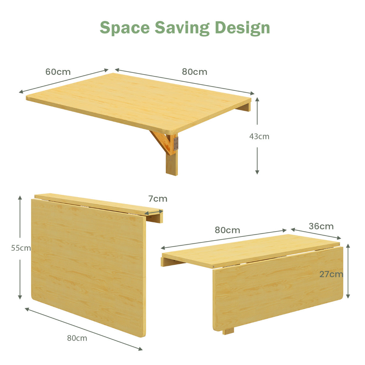 80 x 60 cm Wall Mounted Folding Table Drop-Leaf Floating Writing Desk-Natural
