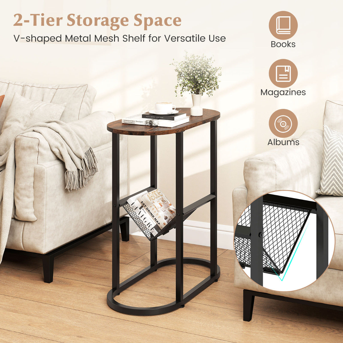 2-Tier Oval End Table Set of 2 Space-saving Slim Couch Side Table -Rustic Brown