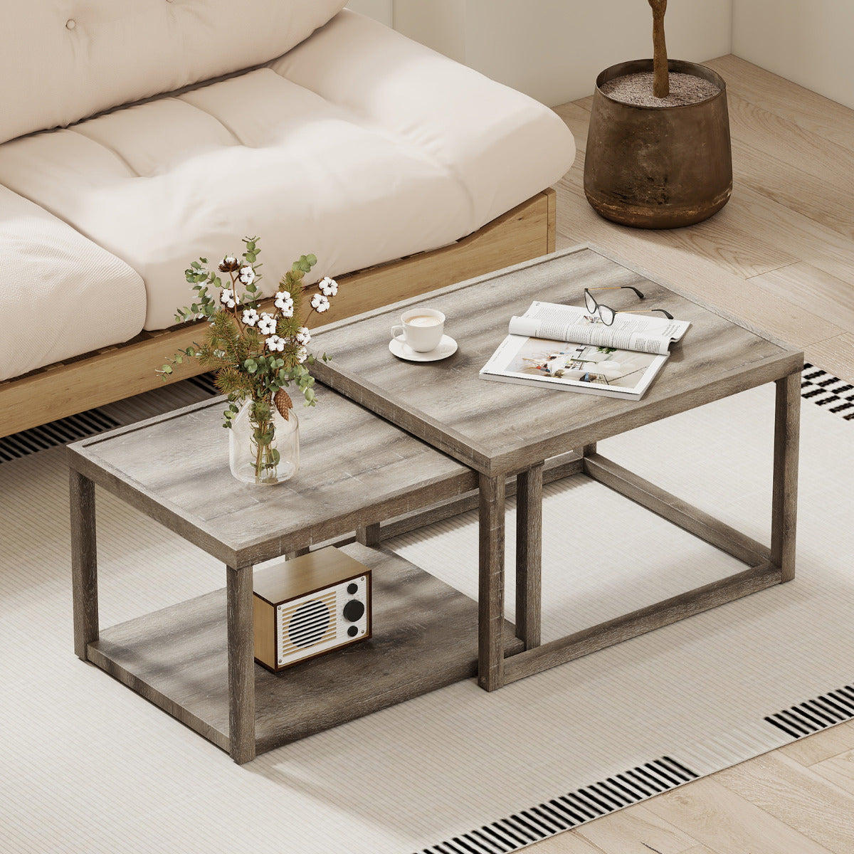 Nesting Coffee Table Set of 2 with Storage Shelf and Rubber Wood Frame-Grey