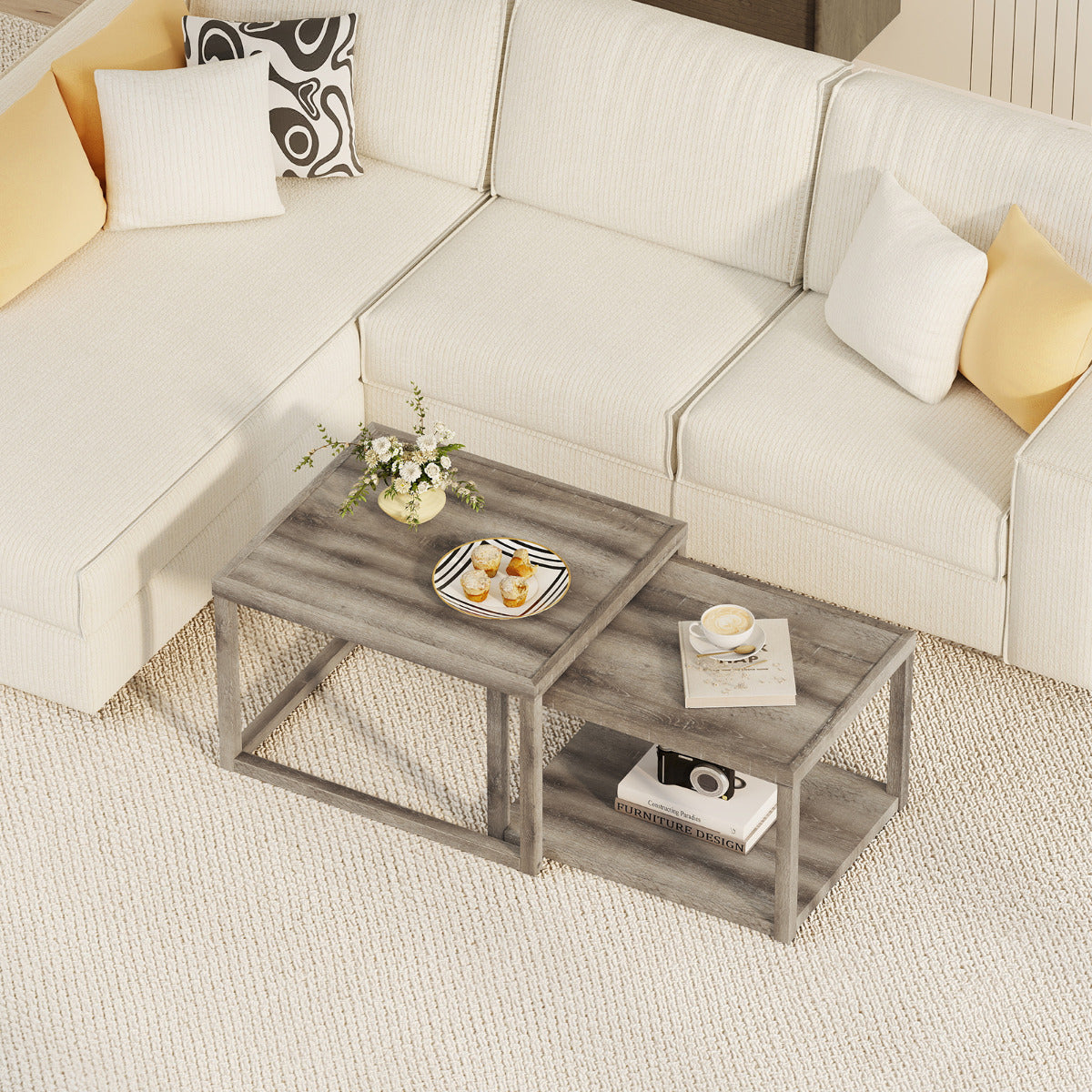 Nesting Coffee Table Set of 2 with Storage Shelf and Rubber Wood Frame-Grey