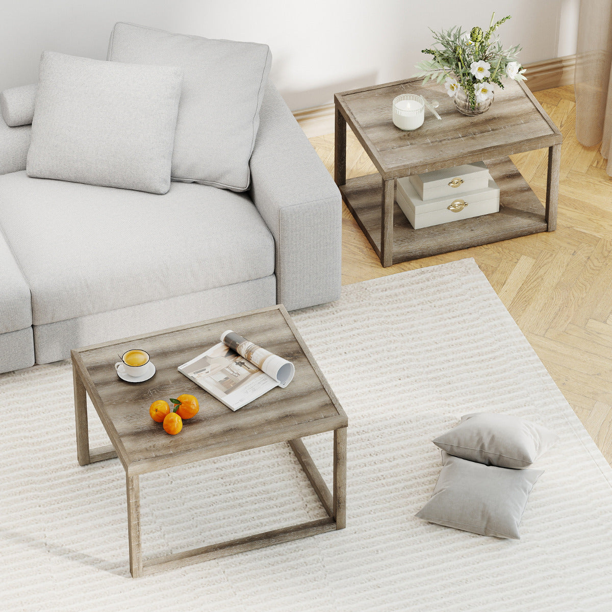 Nesting Coffee Table Set of 2 with Storage Shelf and Rubber Wood Frame-Grey