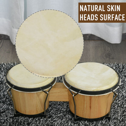 HOMCOM Wooden Bongo Drum Set â7.75" & â7" w/ Drum Head, Percussion Instrument, Drums, Tuning Wrench For Adults Beginners