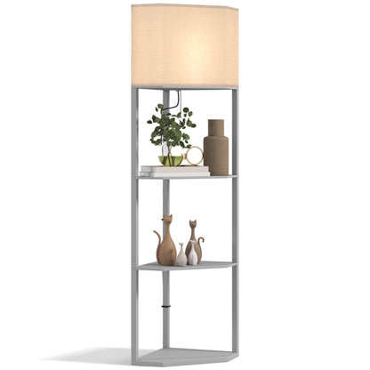 HOMCOM Corner Floor Lamp with Shelves, Tall Standing Lamps for Living Room, with Pull Chain Switch Bulb not Included, Grey