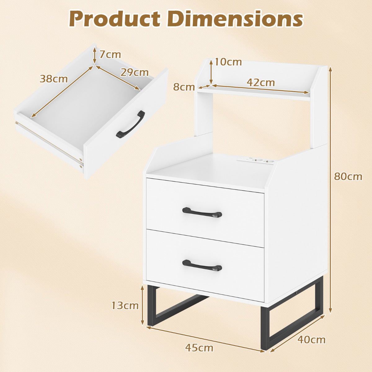 Nightstand Modern Bedside Table Set of 2 with Built-in Charging Station-White