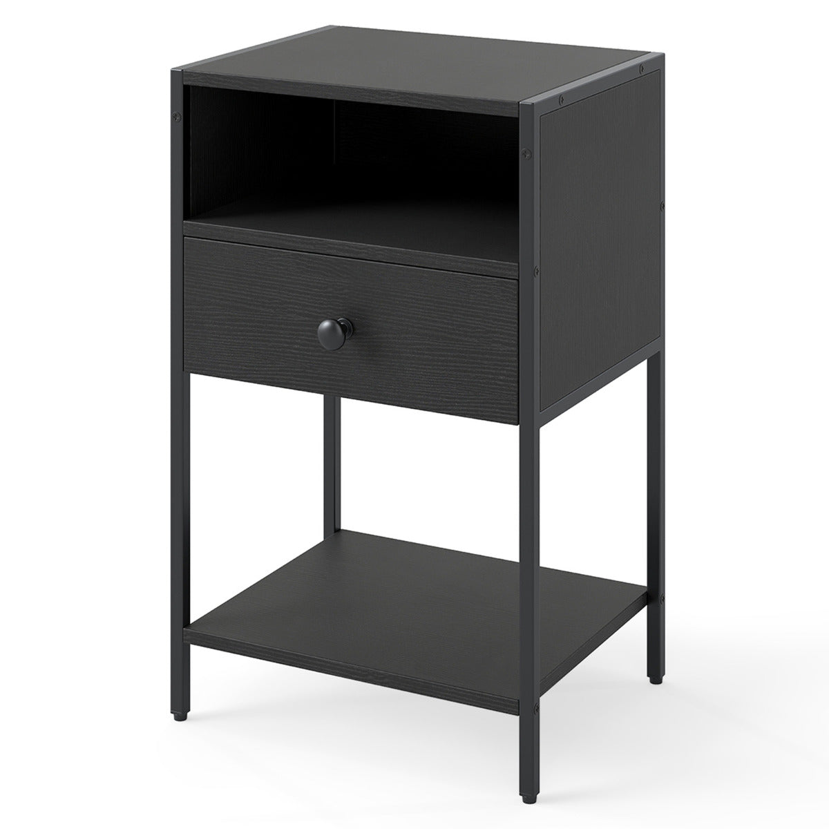 Nightstand with Open Compartment and Storage Shelf-Black