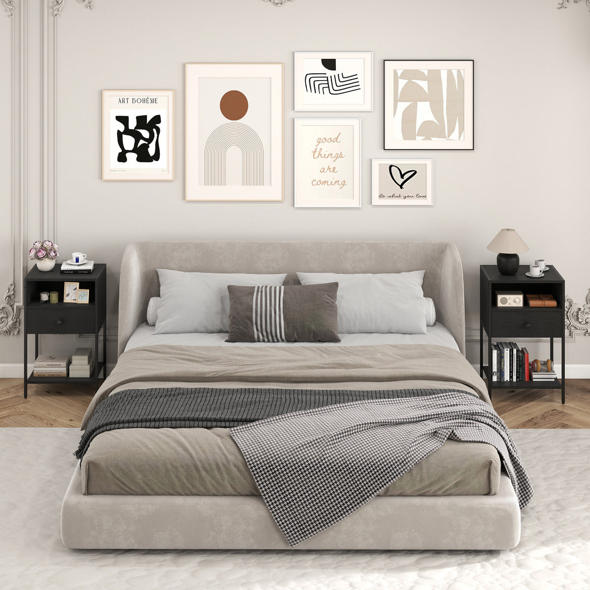Nightstand with Open Compartment and Storage Shelf-Black