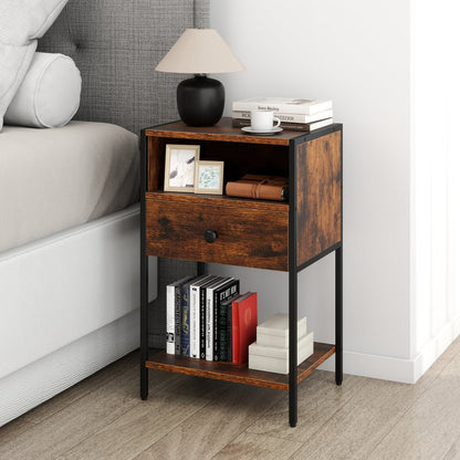 Nightstand with Open Compartment and Storage Shelf-Rustic Brown