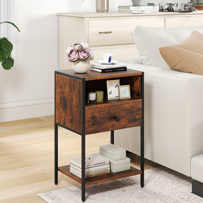 Nightstand with Open Compartment and Storage Shelf-Rustic Brown