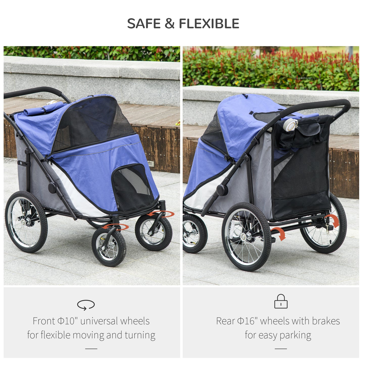 PawHut Foldable Pet Stroller, with Washable Cushion, Storage Bags, Safety Leash, for Medium, Large Dogs, Cats - Blue