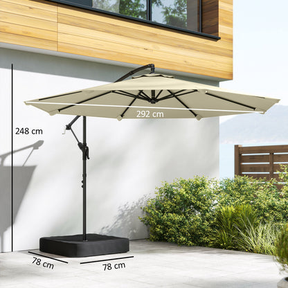 Outsunny 3 m Garden Cantilever Parasol with Cross Base, Sandbag, 360Â° Rotating Overhanging Banana Umbrella, Beige
