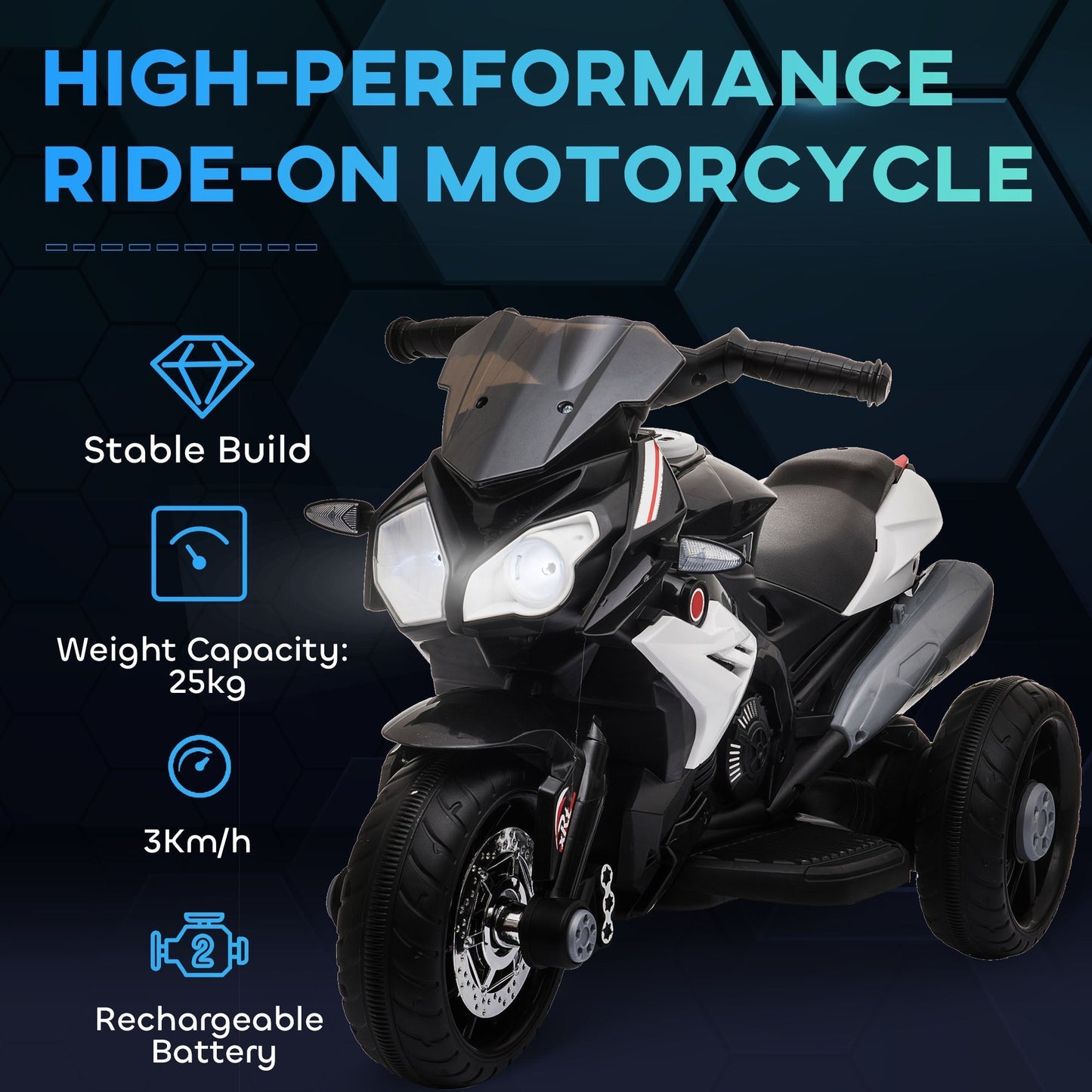 HOMCOM Kids Electric Motorcycle Ride-On Toy, with Three Wheels, Music, Horn, Lights