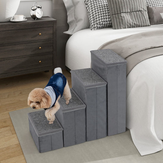 4-Step Non-slip Foldable Dog Stairs  with Adjustable Steps-Grey
