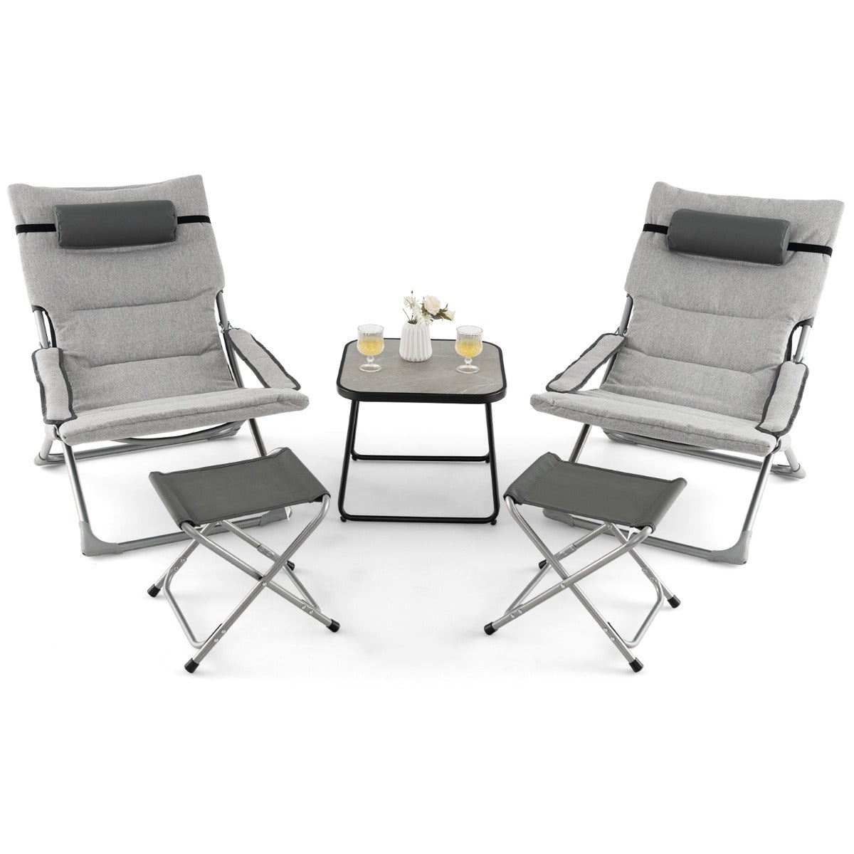 5 Piece Patio Sling Chair Set with Ottoman and Coffee Table-Grey